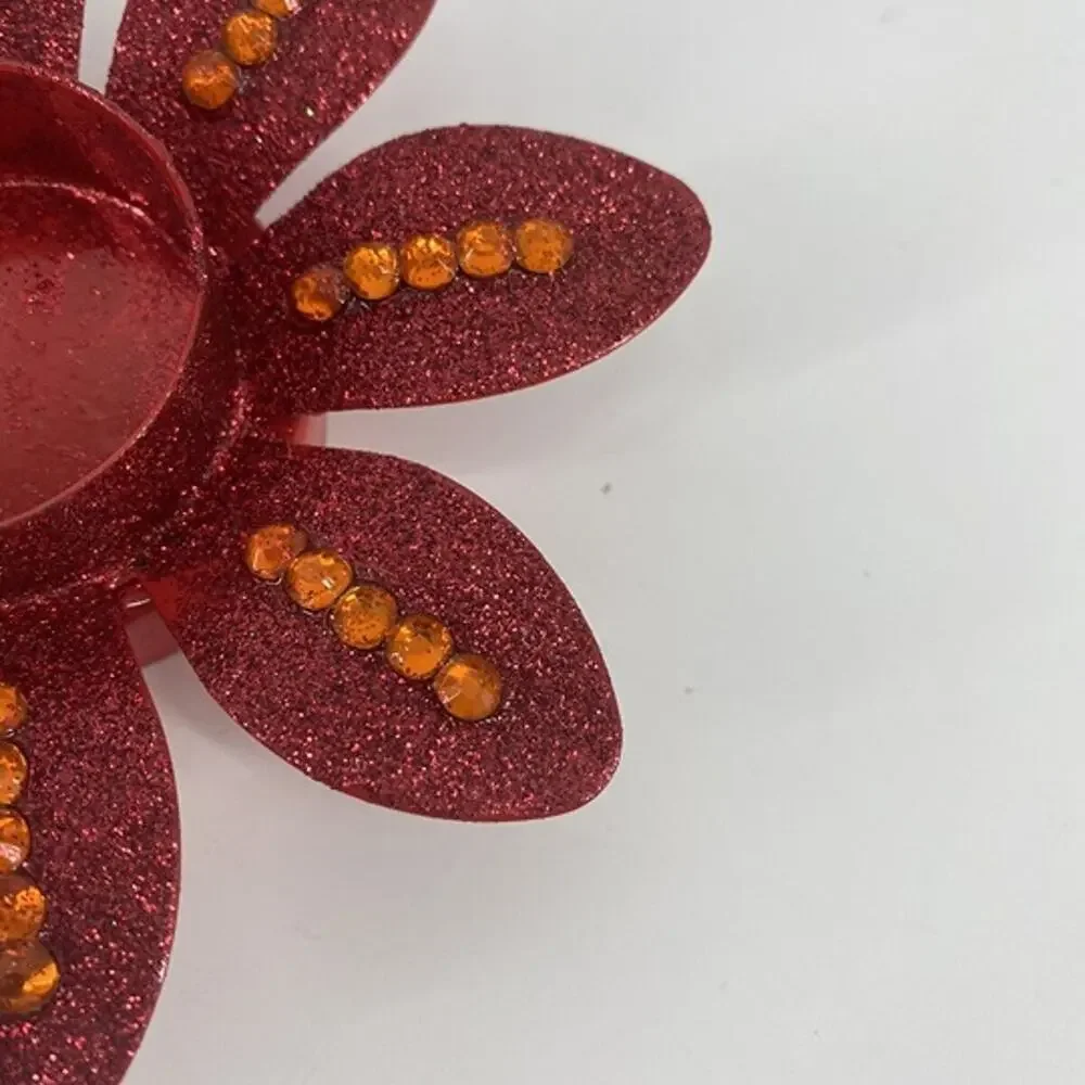 Lot Of 2 Red/orange Flower Tealight Holder With Glitter And Rhinestone Embellish